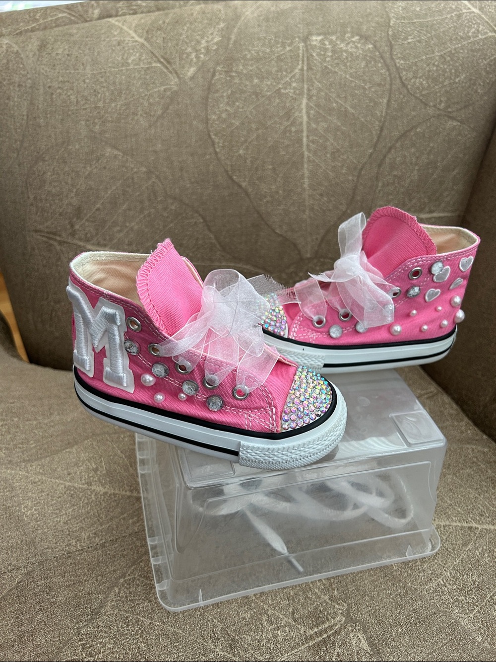 Pink Kids High-Top Sneakers with Rhinestone Toe and Sheer Bow